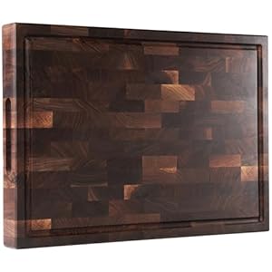American Dark Walnut Wood Cutting Board 17″x12″x1.6″ for Kitchen with Juice Groove, Inner Handles, Gift Box Packaging and End Grain Butcher Block Finished with Linseed Oil, Beeswax & Lemon Oil