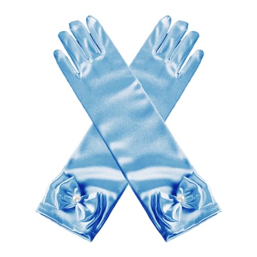 COACOM Gants de Princesse Cendrillon à Motif Papillon Bleu pour Femme, avec Décoration en Nœud Papillon, en Satin, 29 cm