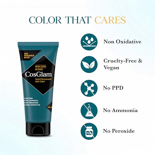 Image of Cosglam Semi Permanent Hair Color - Peacock Blue (#52) for Women & Men (120g) | Vegan Colorful Hair Dye | No Ammonia, No Peroxide | Non-Oxidative | Conditioner Enriched Glossy Finish