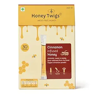 Honey Twigs Cinnamon Infused Honey | Pure Honey, 240gms (30 Single Sachets) | Grade A Honey - Traceable Source | Zero Additives | Zero Added Sugar | Immunity Booster | Natural Flavour Honey