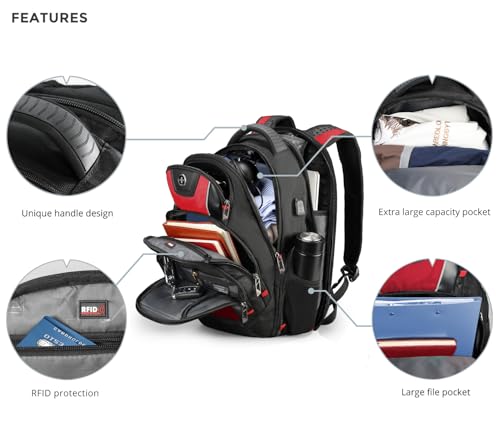 Image of Swissdigital Design Men's Laptop Backpack for College and Business Travel with Integrated USB Charging Port and RFID Protection Fits 15.6 inch Laptops Black /Red | J14-41