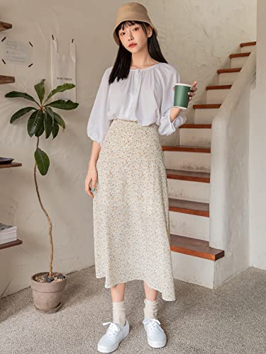 Makemechic Women's Floral Print High Waisted A Line Split Flowy Long Skirt Apricot M #TOP3