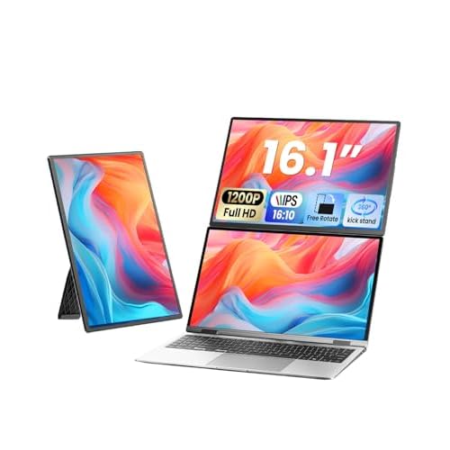 Laptop Screen Extender, 16.1" FHD 1200P Portable Monitor for Laptop with Magnetic Detachable Stand, 360° Rotatable Borderless Screen, Plug & Play, Co