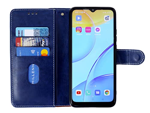 Image of Flip Back Cover Case Dual-Color Leather Finish Inbuilt Stand & Pockets Wallet Style Flip Case for Motorola Moto E13 - Blue & Brown
