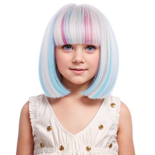Image of Platinum Wigs with Bangs Platinum Mixed Blue and Pink Wig Short Bob Wigs Daily Party Halloween Cosplay Wig
