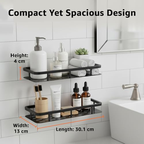 Image of Amazon Basics Wall Mounted Bath Rack - Self adhesive | Mild Steel Bathroom Organizer Shelf for Shampoo, Soap & Accessories | Rust-Resistant, Lightweight & Easy to Maintain - 30.1 x 13 x 4 cm, Pack of 2, Black