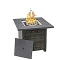 Sundale Outdoor 28 Inch Outdoor Fire Pit Table, 50000 BTU Propane Fire Pits with Rain Cover, Glass Stones and Lid, Wicker Gas Fire Pit for Outside Patio and Garden, CSA-Listed