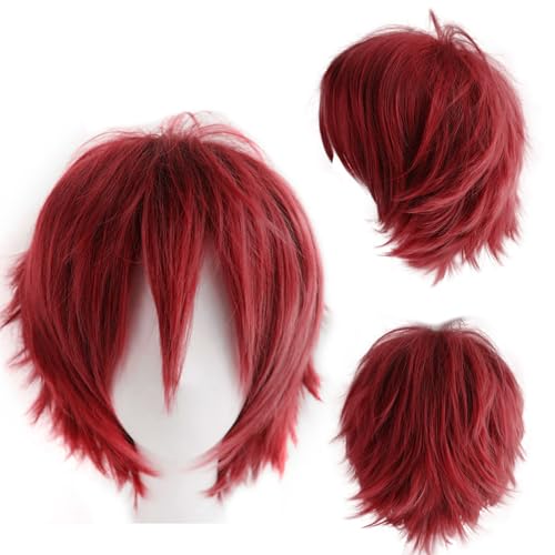 Dcbaboo Peluca Hombre Rojo Oscuro Corta y Peluca Mujer Rojo 30cm   Cosplay Anime Wig Cabello Sintético Pelo Rizado Liso para Halloween, Fiesta de Disfraces, Carnaval y Pascua
