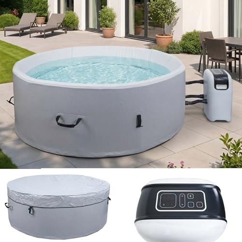 Mendler Whirlpool HWC-N97, 5 Personen, In-/Outdoor heizbar aufblasbar Pumpe Dropstitch-Gewebe, rund Ø180cm grau-weiß