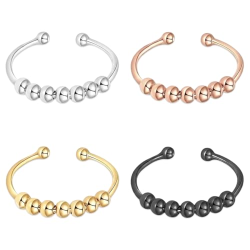 KAHZOR 4PCS Bague Anti Stress Femme Et Homme, Bague Anti Stress Femme Acier Inoxydable, Bague Anti-Stress Enfant, Bague Reglable Femme Acier Inoxydable Ring Noir, Argent, Or Et Or Rose Anneau Tournant