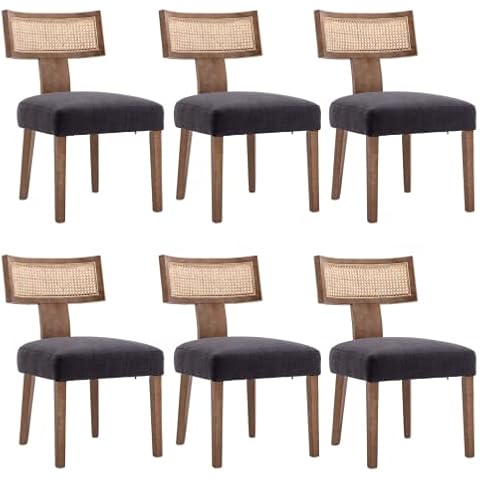 CIMOO Mid Century Modern Dining Chairs Set of 6 Linen Upholstered Dining Chairs Farmhouse Dining Room Chairs with Rattan Back Wood Legs, Charcoal and Natural Cover
