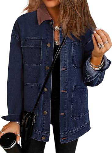 Dokotoo Plus Size Jean Jacket Women Trendy 2025 Outfits Color Block Denim Jacket With Contrasting Corduroy Collar Oversized Long Sleeve Button Down Barn Jackets Shacket Coat With Pockets Dirty blue M