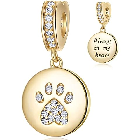 18K Yellow Gold Plated Dog Paw Print Pendant Charms, Fit Pandora First Mothers Day Bracelet, Always in My Heart 925 Sterling Silver Pet Footprint CZ Beads, Gift for Mum in Law/Daughter/Son Cover