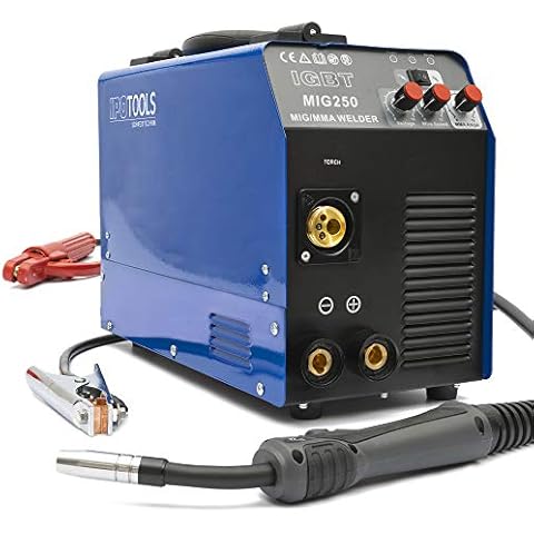 IPOTOOLS MIG-250 Inverter Schweißgerät MIG MAG - Schutzgas Schweissgerät mit 250 Ampere, Fülldraht und Elektroden geeignet mit/MMA E-Hand/IGBT Technologie / 230V / Blau, 7 Jahre Garantie Cover