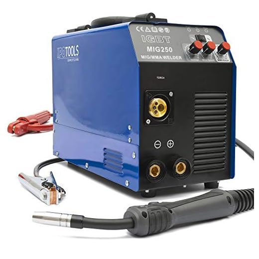 IPOTOOLS MIG-250 Inverter svetsmaskin MIG MAG – skyddande gas svetsmaskin med 250 ampere, fyllningstråd och elektroder lämplig med/MMA E-hand/IGBT teknik/230 V/blå, 7 års garanti