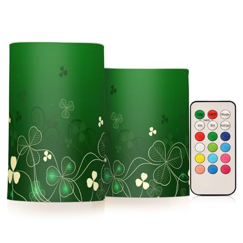 Image of ALAZA Glowing Green Golden Shamrock Flickering Flameless Candles Patrick's Day Battery Operated with Remote Timer,Tea Light Candles LED Pillar Votive Candles Set of 2 for Outdoor Indoor Decorations