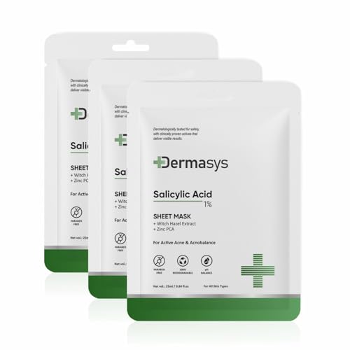 Image of 1% Salicylic Acid Sheet Mask for Reducing Acne, Enlarged Pores & Fine Lines with Zinc PCA, Witch Hazel & Hyaluronic Acid | Face Mask for Clear, Smooth & Refined Skin (Pack of 3, 25ml)