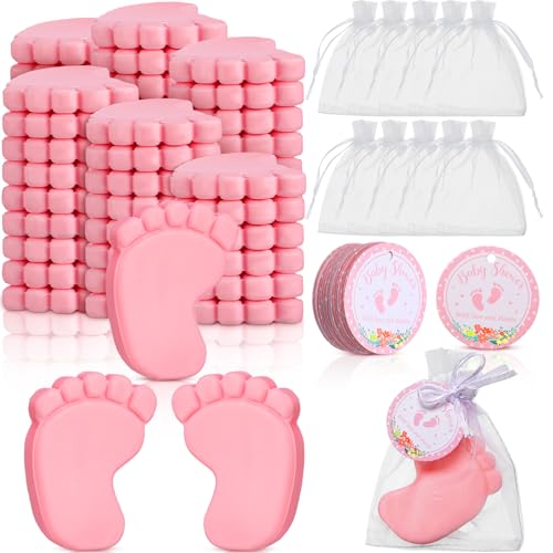 Image of 50 Sets Baby Shower Soap Favors for Guests Boy Girl Mini Handmade Scented Soaps with Thank You Tags and Organza Bags for Gender Reveal Baptism Shower Wedding Party(Pink)