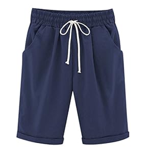 Women’s Casual Summer Shorts Drawstring Elastic Waist Knee Length Curling Jersey Bermuda Shorts