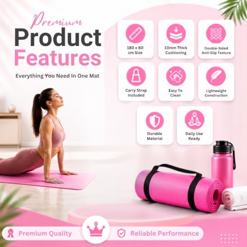 Image of Yoga & Exercise Mat with Carry Strap | Nitrile Butadiene Rubber (NBR) Anti-Slip Workout Mat for Yoga, Pilates, Meditation, Stretching & Home Gym Fitness | Men & Women (Pink-8mm)