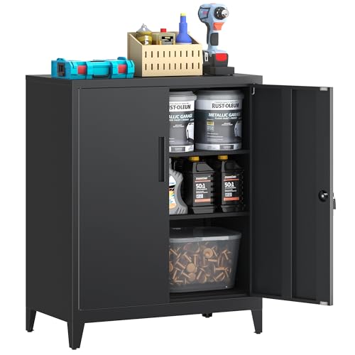 HOMSTEEL Armario metálico, Armario de Garaje de 2 Estantes con Cerradura, de Oficina con Estantes Ajustables, para Oficina, Garaje y Lavadero, 40 x 80 x 100 cm, Negro