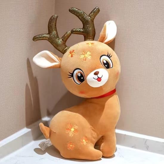 Plush Reindeer Stuffed Animal with Glitter Antlers, Decorative Holiday Deer, 35 cm