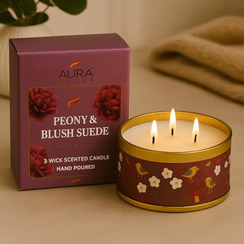 Image of AuraDecor 3-Wick Scented Tin Candle | Premium Gift Set | Hand Poured Soy Blend | Long Lasting | Home Fragrance | Relaxation & Decor (Peony & Blush Suede)