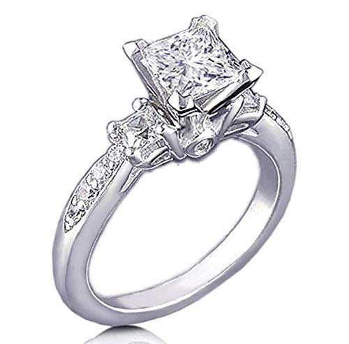 Venetia Realistic Supreme Princess Cut 3 Stones Simulated Diamond Ring 925 Silver Platinum Plated Pave Art Deco Decor