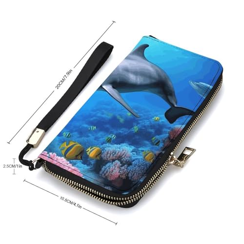 Dolphin in The Coral Reef Ladies' Leather Wallet With Hand Strap Slim Vertical Purse Wallets Card Case Long Zip Around Long Wallet Credit Cards Holder Phone Clutch2