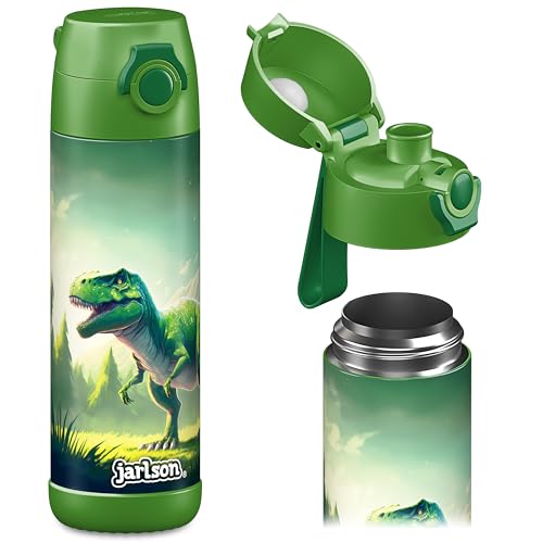 Jarlson® MALI Botella de agua para niños, termo de acero inoxidable, sin BPA, a prueba de fugas, botella para niños con tapa, botella para escuela, guardería (verde dinosaurio, 500 ml)