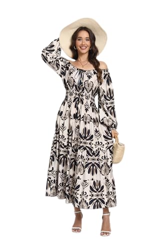 Image of OSTOO Women's 2026 Casual Long Sleeve Square Neck Smocked High Waist Flowy Maxi Dress,Boho Tiered Beach Party Dress