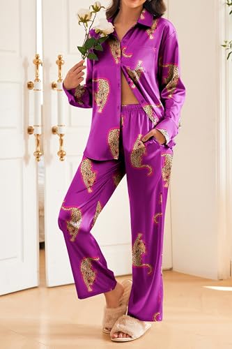 Ekouaer Womens Satin Silky Pajama Set 2 Piece Print PJs Soft Loungewear Button Down Sleepwear with Elastic Waist Long Pants