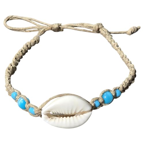 BlueRica Hemp Anklet with Blue Cat's Eye Beads & Cowrie Shell