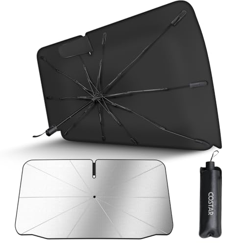 Image of [Upgrade] COSTAR Windshield Sun Shade Umbrella - [Dot-Patterned Silver Reflective Shield] | Anti-Crease, Blocks Heat & UV | Fiberglass Umbrella Ribs | Fits 85% India Cars, Medium (145x85cm)