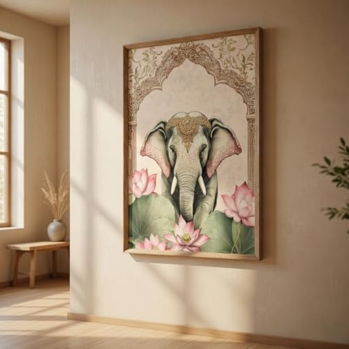 Image of SAF Royal Elephant Lotus Wall Art with Wooden Frame | Vintage Palace Arch HD UV Laminated Print on MDF | Elegant Vastu Animal Painting for Living Room Bedroom Decor 13.5 x 19.5 Inch