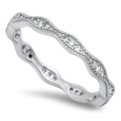 Blue Apple Co. 3mm Full Eternity Band Ring Round Simulated Cubic Zirconia Solid 925 Sterling Silver Wedding Engagement, Size - 9