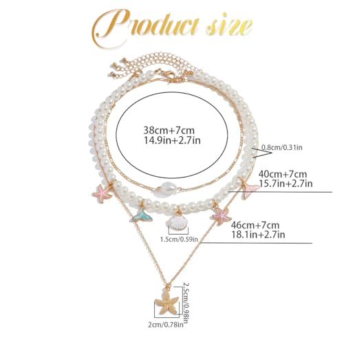 Image of SANNIDHI 3Pcs Necklace for Women Girls Boho Gold Seashell Starfish Pendant Necklaces Layered Beads Necklace Chains Beach Jewelry Gift Item for Women