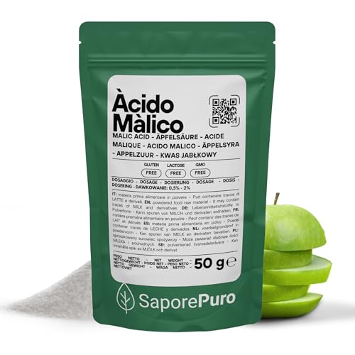 SaporePuro Ácido Málico en Polvo 50 g | Alta Solubilidad y Sabor Ácido | Ideal para Bebidas, Postres y Suplementos | Calidad Alimentaria | Sin Gluten