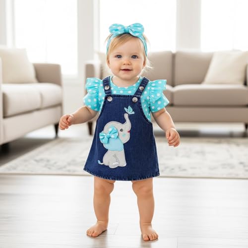 Image of Baby Girl Clothes Newborn Ruffle Romper Elephant Jeans Skirt 0-18M | Soft Romper, Adjustable Jean Skirt with Headband Elephant Butterfly Design, Snap Closure, Everyday Wear