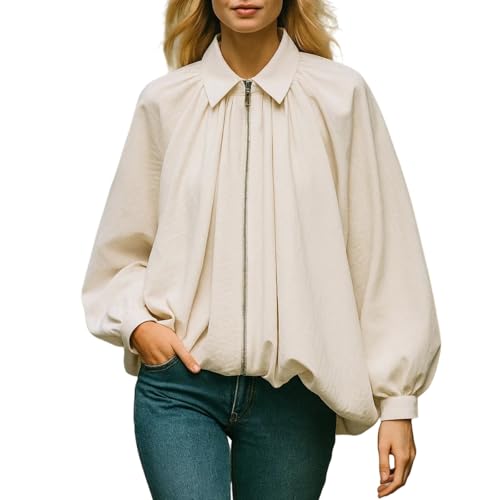 AKODOZO Womens Puffed Bomber Oversized Jacket Batwing Sleeve Streetwear Lapel Collar Zip Front Pleated Blouse Shirts — view 2