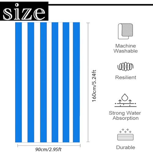 Large Quick Dry Microfibre Beach Bath Towel for Adult,Double Sides Blue White Striped Sand Free Beach Towel with Bag,Lightweight Gym Yoga Sports Towel,Compact Travel Summer Beach Towel for Women Men - Image 2