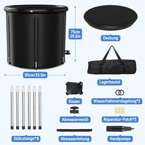 Warmiehomy Ice Bath Eisbad Tonne für Athleten, 85x75cm Faltbare Aufblasbare Badewanne mit Deckel, Tragbare Mobile eisbaden Tonne, Freistehende Eiswanne Kältetherapie für den Innen und Außenbereich