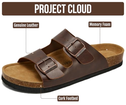 Image of Project Cloud Mens Sandals 100% Genuine Leather - Memory Foam Insole & Cork Footbed Slides for Men Footwear - Non-Slip Summer Sandals for Men & Lightweight Mens Slides (Heritage)