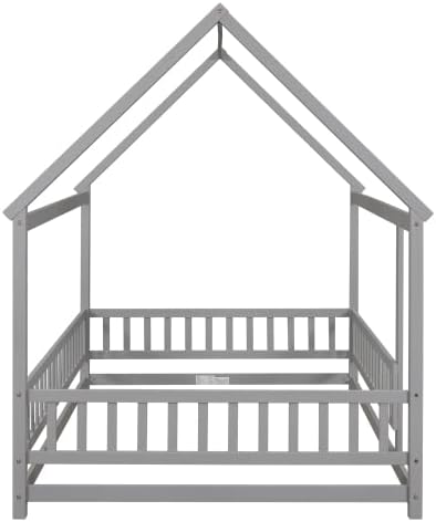 Miniatura 21 de Cama de suelo de tamaño matrimonial con valla para niños pequeños, cama Montessori con techo de casa, marco de cama de piso de madera matrimonial