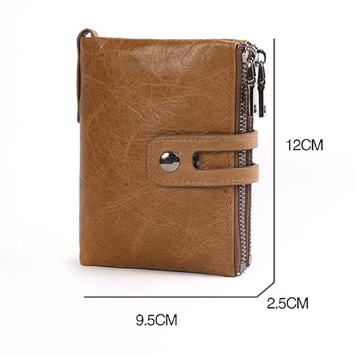 Zip Wallet for Men Women Genuine Leather Bifold Credit Card Holder Snap Fastener Stylish With 1 ID Window 307# Brown2