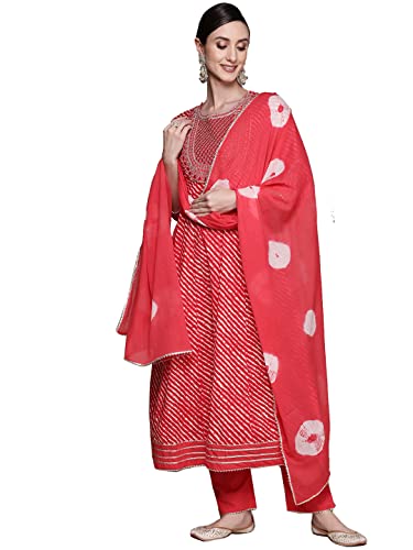 Image of ishin Women's Cotton Blend Embroidered Anarkali Kurta set with Trouser & Dupatta