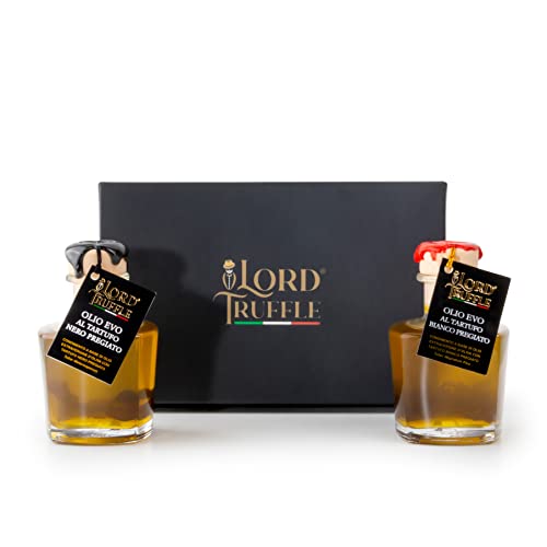 Lord Truffle | Set de Regalo de Lujo: 1 Aceite EVO Italiano con Trufa Blanca Preciosa 100ml y 1 Aceite de Oliva Virgen Extra Italiano con Trufa Negra Valiosa 100ml, 100% Italiano