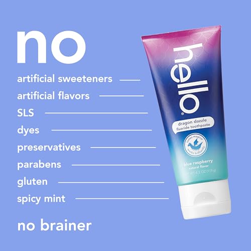 Image of Hello Dragon Dazzle Blue Raspberry Kids Toothpaste, Fluoride Toothpaste, Ages 2+, No Artificial Sweeteners, No SLS, Gluten Free, Vegan, Pack of 12, 4.2 OZ Tubes