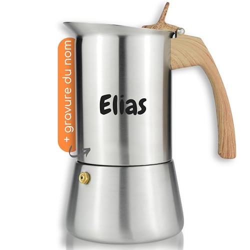 Milu cafetière Italienne Induction avec gravure | 2, 4, 6, 9 Tasses | Cafetière Moka en INOX, Espresso Maker Acier Inoxydable, Ensemble comprenant un sous-verre (Aspect bois, 9 tasses 450ml)