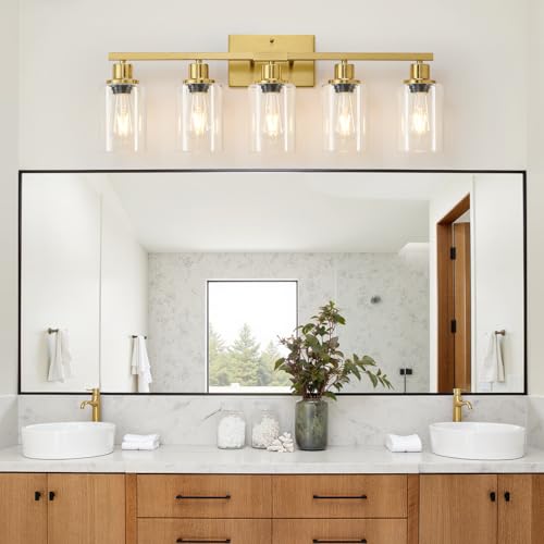 Image of MOKATNG 5-Light Bathroom Light Fixtures, Vanity Light with Clear Glass Shades, Brushed Gold Bathroom Light Fixtures Over Mirror, Modern Bathroom Wall Lamp for Mirror Living Room Cabinet Bedroom